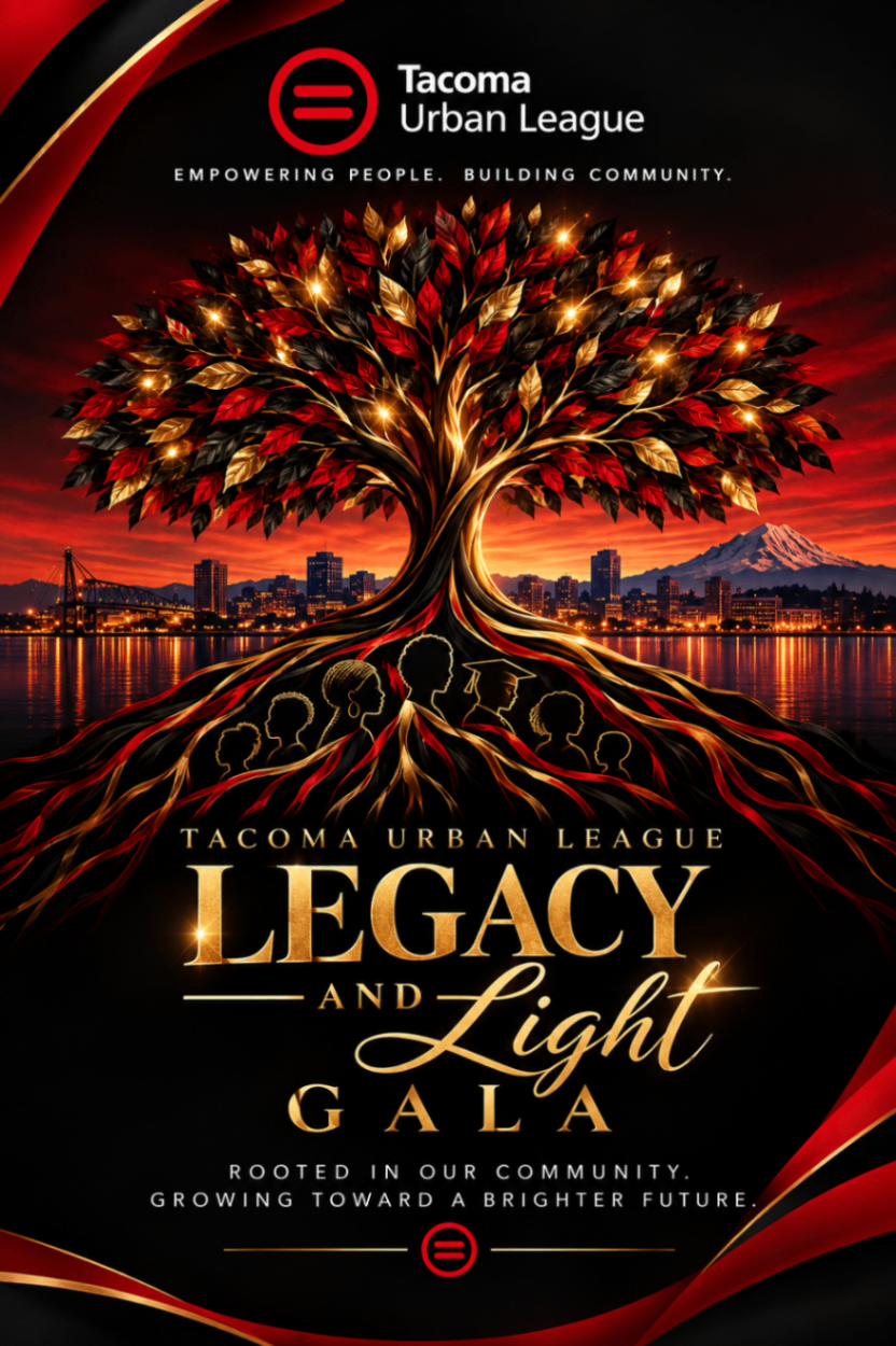 Legacy & Light Gala key art: an illuminated tree rooted above the Tacoma skyline, with the event title and the words 'Rooted in our community. Growing toward a brighter future.'