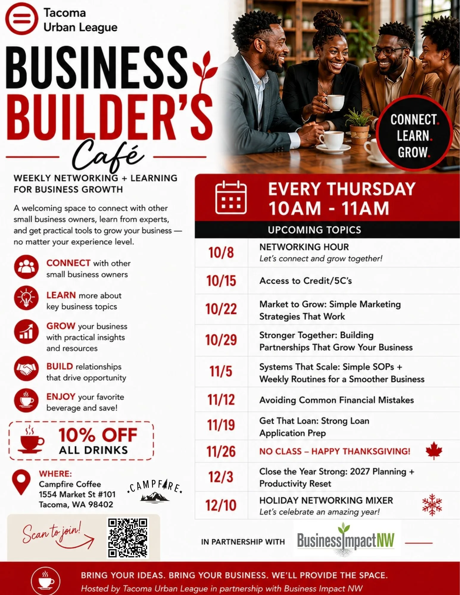 Tacoma Urban League Business Builder's Café flyer announcing weekly Thursday networking and learning for business growth at Campfire Coffee in Tacoma.